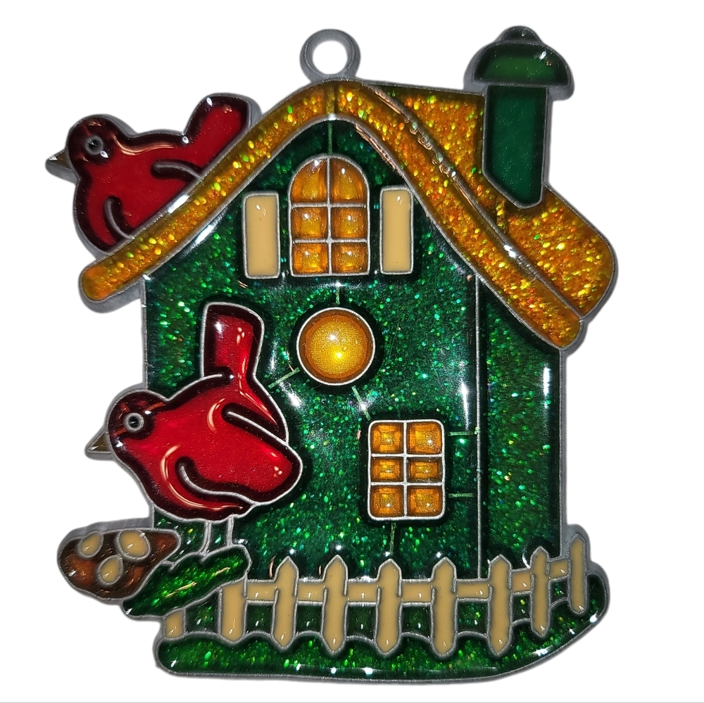 Vntg Handmade Stained Glass Green House Picket Fence Birds Suncatcher Ornament